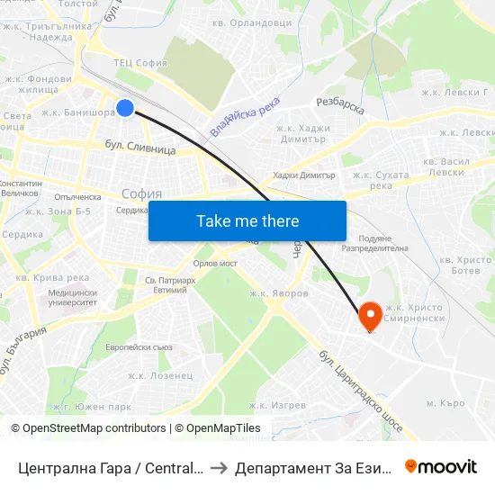 Ⓜ️ Централна Гара / Central Railway Station (1330) to Департамент За Езиково Обучение - Ичс map