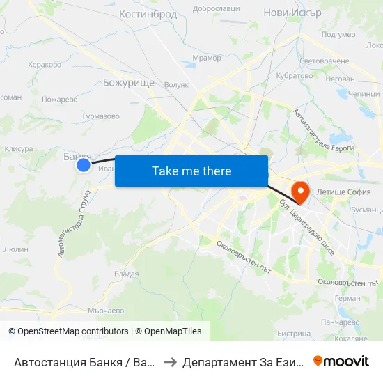 🚌 Автостанция Банкя / Bankya Bus Station (0051) to Департамент За Езиково Обучение - Ичс map