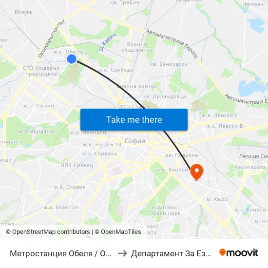 Ⓜ️ Метростанция Обеля / Obelya Metro Station (0060) to Департамент За Езиково Обучение - Ичс map