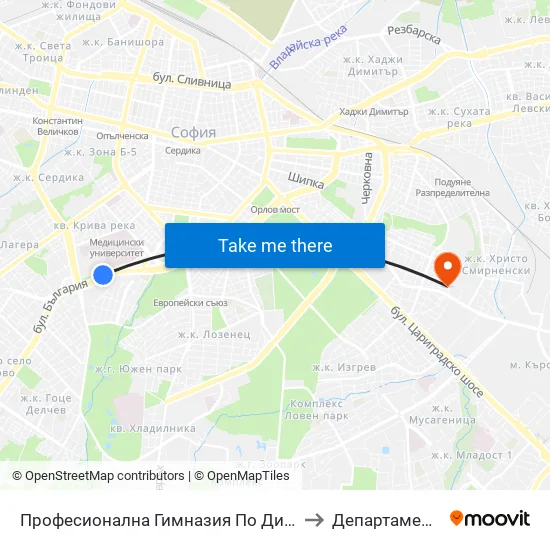 Професионална Гимназия По Дизайн Елисавета Вазова / Elisaveta Vazova High School Of Design (1739) to Департамент За Езиково Обучение - Ичс map