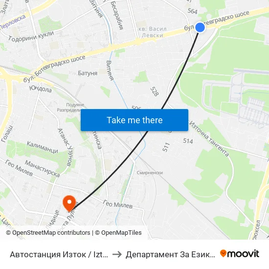 🚌 Автостанция Изток / Iztok Bus Station (2021) to Департамент За Езиково Обучение - Ичс map