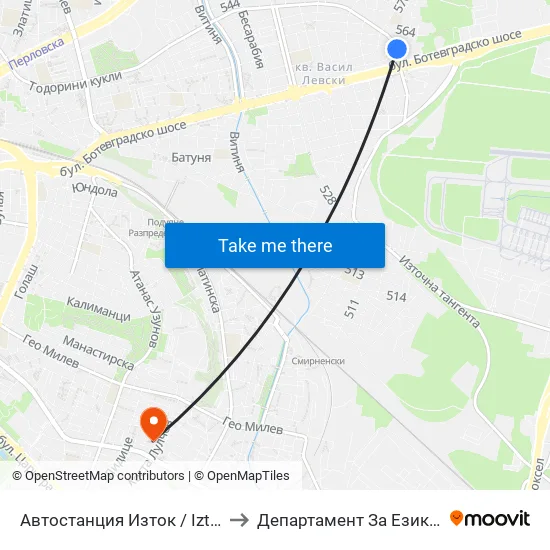 🚌 Автостанция Изток / Iztok Bus Station (2427) to Департамент За Езиково Обучение - Ичс map