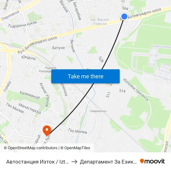 🚌 Автостанция Изток / Iztok Bus Station (0056) to Департамент За Езиково Обучение - Ичс map