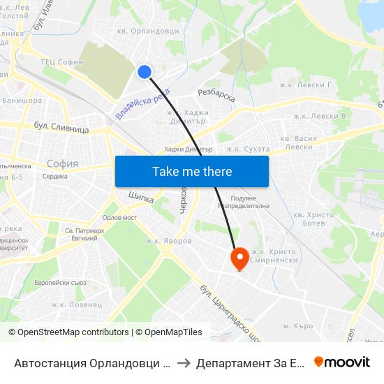 Автостанция Орландовци / Orlandovtsi Bus Station (0063) to Департамент За Езиково Обучение - Ичс map
