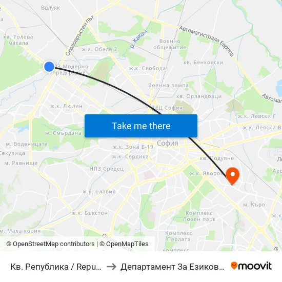 Кв. Република / Republika Qr. (2765) to Департамент За Езиково Обучение - Ичс map