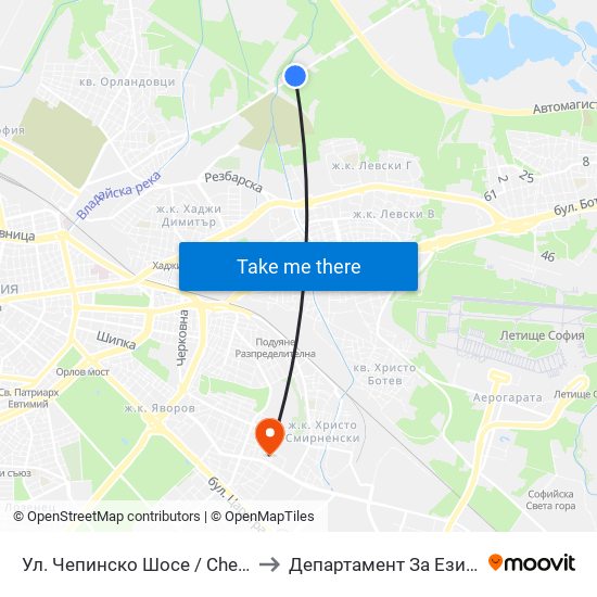 Ул. Чепинско Шосе / Chepinsko Shosse St. (0920) to Департамент За Езиково Обучение - Ичс map