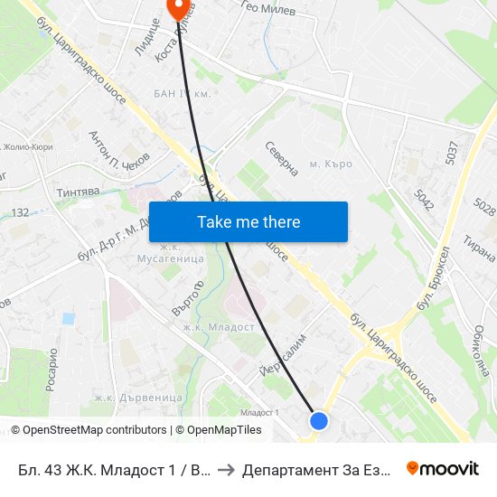 Бл. 43 Ж.К. Младост 1 / Bl. 43, Mladost 1 Qr. (0217) to Департамент За Езиково Обучение - Ичс map