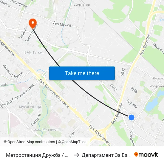 Ⓜ️ Метростанция Дружба / Druzhba Metro Station (0236) to Департамент За Езиково Обучение - Ичс map