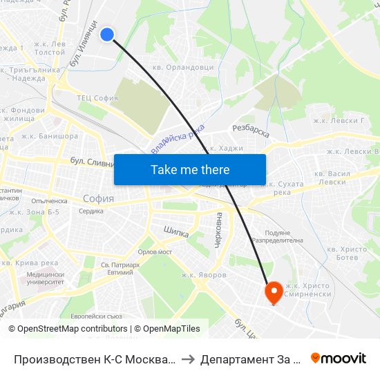 Производствен К-С Москва / Moskva Industrial Complex (0538) to Департамент За Езиково Обучение - Ичс map