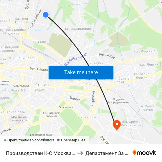 Производствен К-С Москва / Moskva Industrial Complex (0538) to Департамент За Езиково Обучение - Ичс map