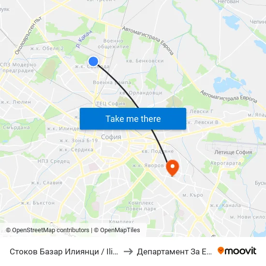 Стоков Базар Илиянци / Iliyantsi Commodity Market (0491) to Департамент За Езиково Обучение - Ичс map