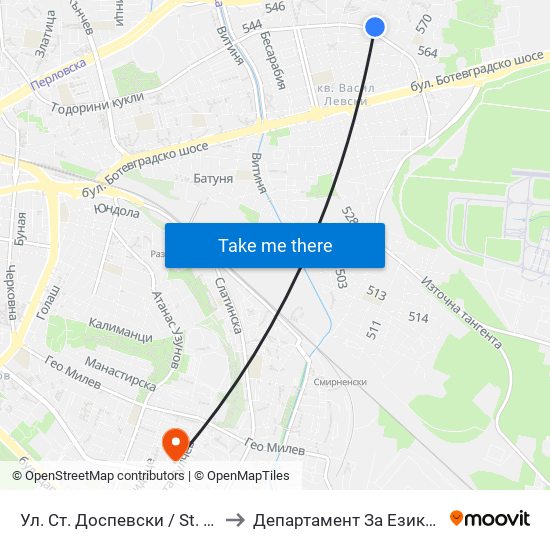 Ул. Ст. Доспевски / St. Dospevski St. (2181) to Департамент За Езиково Обучение - Ичс map