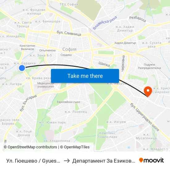 Ул. Гюешево / Gyueshevo St. (1158) to Департамент За Езиково Обучение - Ичс map