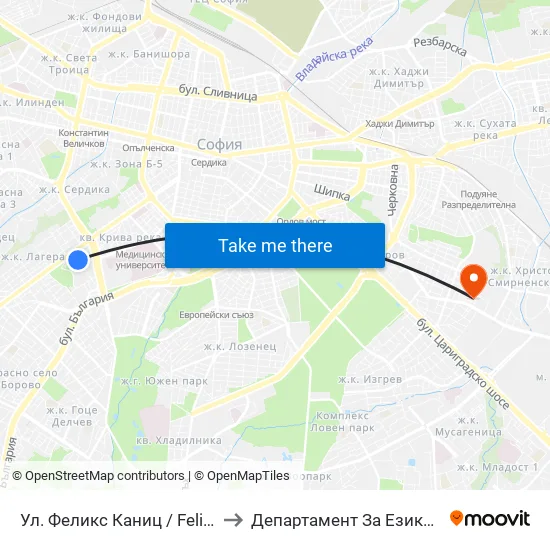 Ул. Феликс Каниц / Feliks Kanitz St. (2423) to Департамент За Езиково Обучение - Ичс map