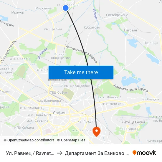 Ул. Равнец / Ravnets St. (2151) to Департамент За Езиково Обучение - Ичс map