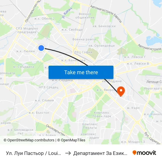 Ул. Луи Пастьор / Louis Pasteur St. (2166) to Департамент За Езиково Обучение - Ичс map