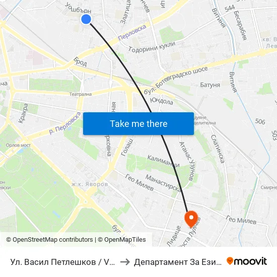 Ул. Васил Петлешков / Vasil Petleshkov St. (1864) to Департамент За Езиково Обучение - Ичс map
