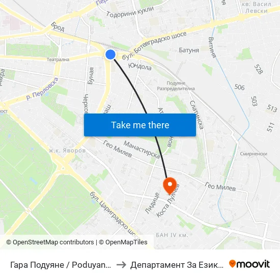 Гара Подуяне / Poduyane Train Station (0473) to Департамент За Езиково Обучение - Ичс map