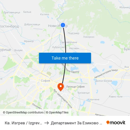 Кв. Изгрев / Izgrev Qr. (0846) to Департамент За Езиково Обучение - Ичс map