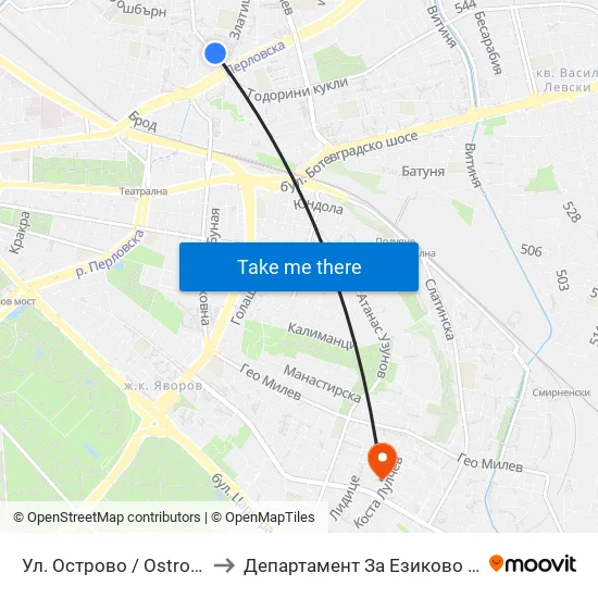 Ул. Острово / Ostrovo St. (2100) to Департамент За Езиково Обучение - Ичс map