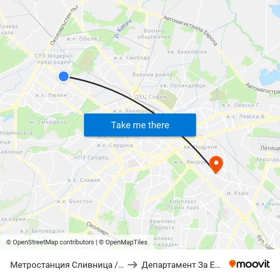 Ⓜ️ Метростанция Сливница / Slivnitsa Metro Station (1062) to Департамент За Езиково Обучение - Ичс map