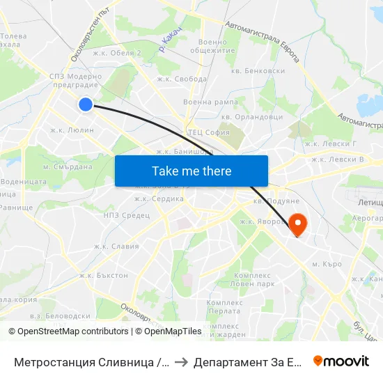 Ⓜ️ Метростанция Сливница / Slivnitsa Metro Station (1059) to Департамент За Езиково Обучение - Ичс map