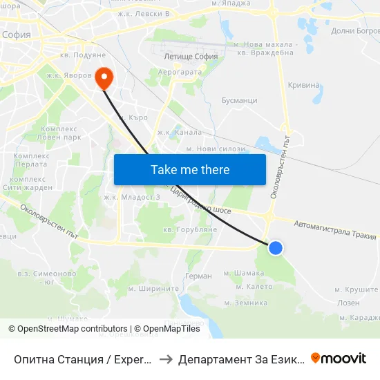 Опитна Станция / Experimental Station (1202) to Департамент За Езиково Обучение - Ичс map