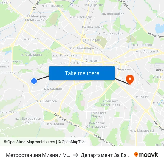 Ⓜ️ Метростанция Мизия / Moesia Metro Station (0812) to Департамент За Езиково Обучение - Ичс map