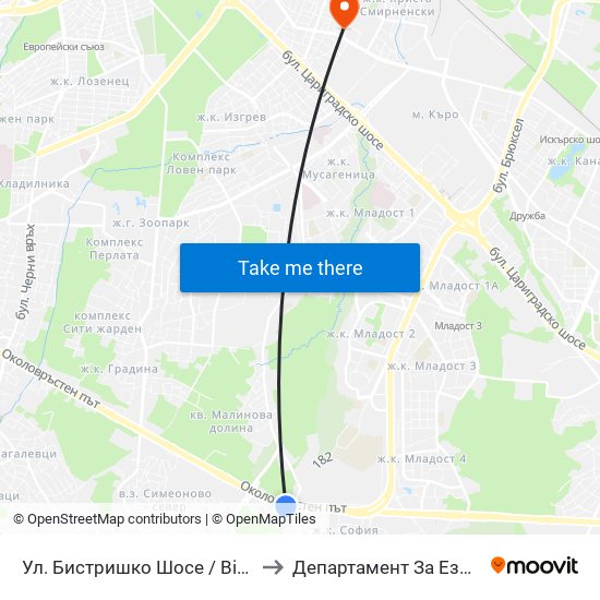 Ул. Бистришко Шосе / Bistrishko Shosse St. (0865) to Департамент За Езиково Обучение - Ичс map