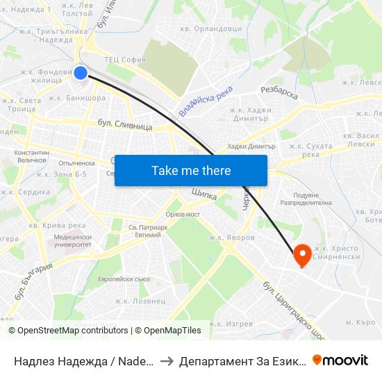Надлез Надежда / Nadezhda Overpass (1113) to Департамент За Езиково Обучение - Ичс map