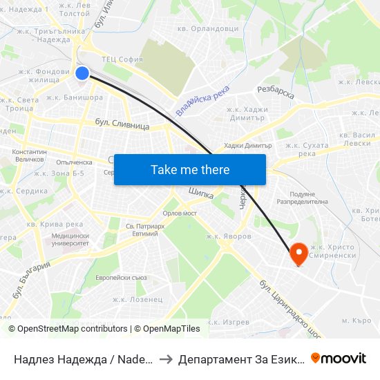 Надлез Надежда / Nadezhda Overpass (1114) to Департамент За Езиково Обучение - Ичс map