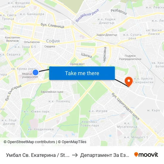 Умбал Св. Екатерина / St. Ekaterina Hospital (0444) to Департамент За Езиково Обучение - Ичс map