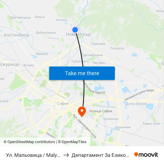 👋 Ул. Мальовица / Malyovitsa St. (2539) to Департамент За Езиково Обучение - Ичс map