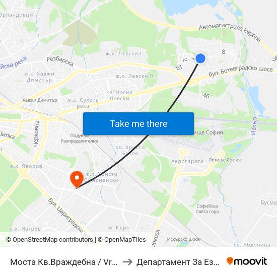 Моста Кв.Враждебна / Vrazhdebna Qr. Bridge (1093) to Департамент За Езиково Обучение - Ичс map