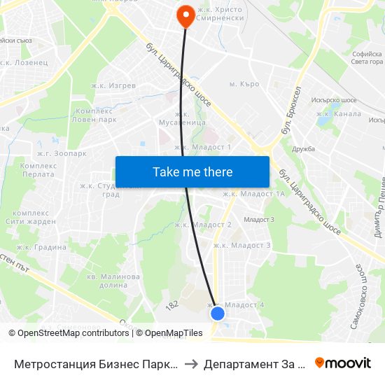 Метростанция Бизнес Парк / Business Park Metro Station (2491) to Департамент За Езиково Обучение - Ичс map