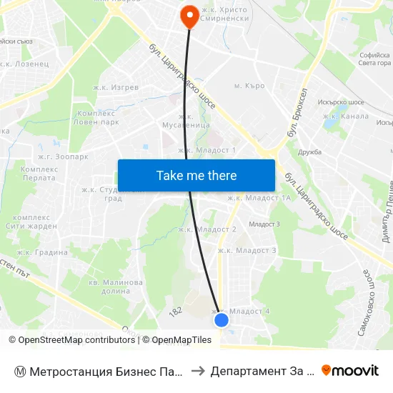 Ⓜ️ Метростанция Бизнес Парк / Business Park Metro Station (2491) to Департамент За Езиково Обучение - Ичс map