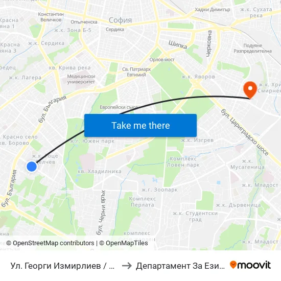 Ул. Георги Измирлиев / Georgi Izmirliev St. (6276) to Департамент За Езиково Обучение - Ичс map