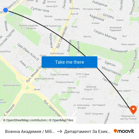 Военна Академия / Military Academy (0442) to Департамент За Езиково Обучение - Ичс map