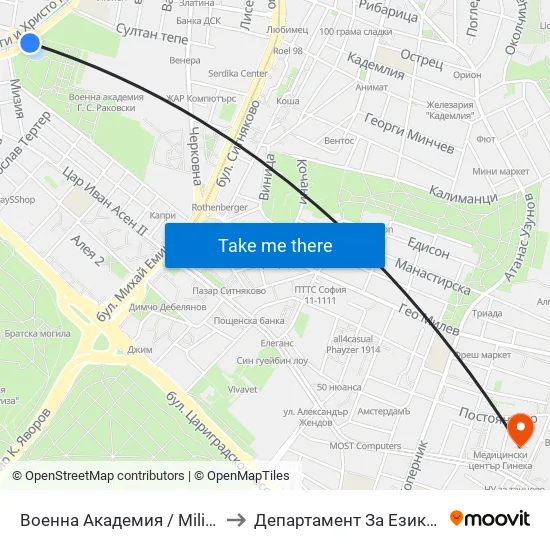 Военна Академия / Military Academy (0440) to Департамент За Езиково Обучение - Ичс map