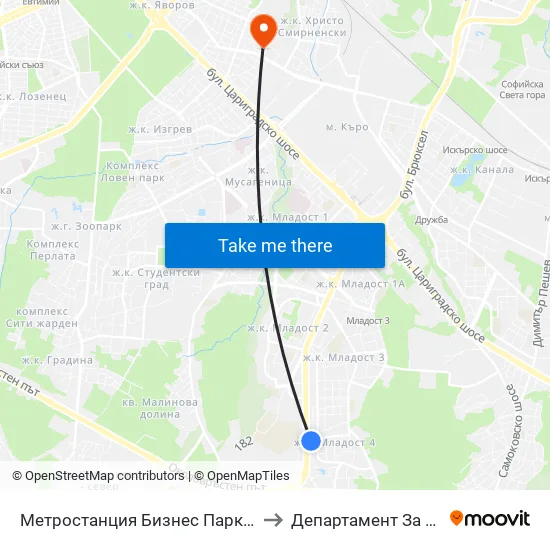 Ⓜ️ Метростанция Бизнес Парк / Business Park Metro Station (2374) to Департамент За Езиково Обучение - Ичс map