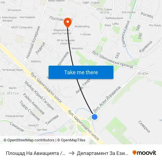 Площад На Авиацията / Aviation Square (1260) to Департамент За Езиково Обучение - Ичс map