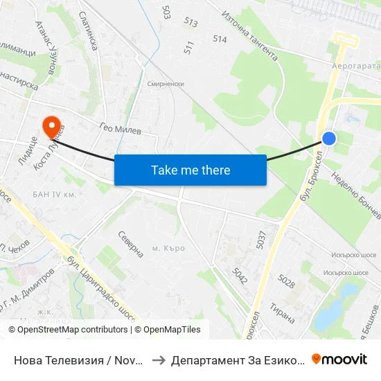 Нова Телевизия / Nova Television (2474) to Департамент За Езиково Обучение - Ичс map