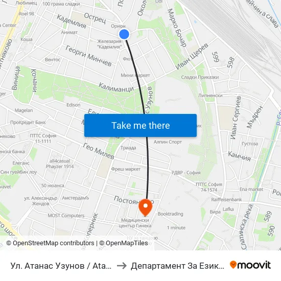Ул. Атанас Узунов / Atanas Uzunov St. (1830) to Департамент За Езиково Обучение - Ичс map