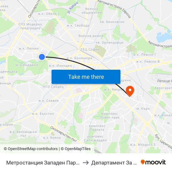 Метростанция Западен Парк / Zapaden Park Metro Station (1049) to Департамент За Езиково Обучение - Ичс map