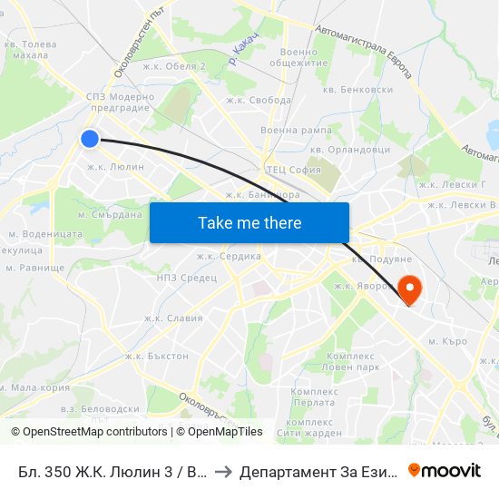 Бл. 350 Ж.К. Люлин 3 / Bl. 350, Lyulin 3 Qr. (0197) to Департамент За Езиково Обучение - Ичс map