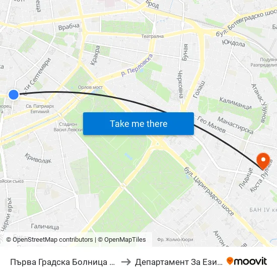 Първа Градска Болница / 1-St City Hospital (1422) to Департамент За Езиково Обучение - Ичс map