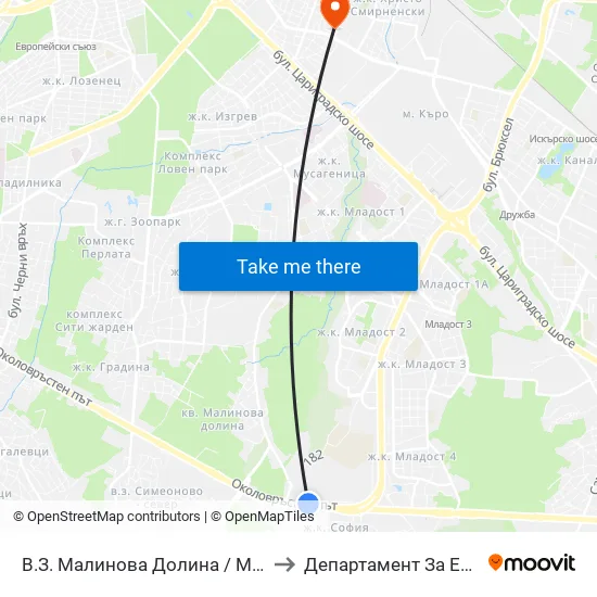 В.З. Малинова Долина / Malinova Dolina Villa Zone (1374) to Департамент За Езиково Обучение - Ичс map