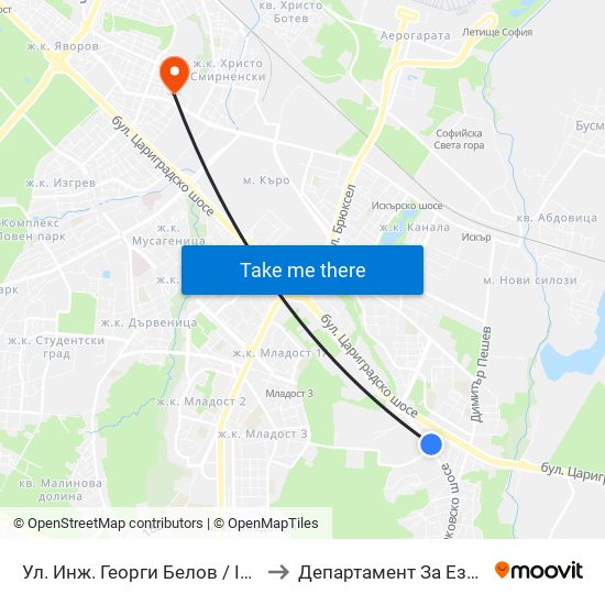 Ул. Инж. Георги Белов / Inzh. Georgi Belov St. (0777) to Департамент За Езиково Обучение - Ичс map