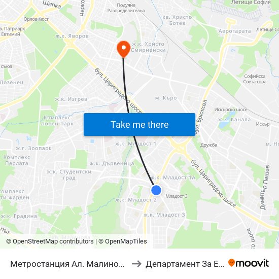 Метростанция Ал. Малинов / Al. Malinov Metro Station (2742) to Департамент За Езиково Обучение - Ичс map