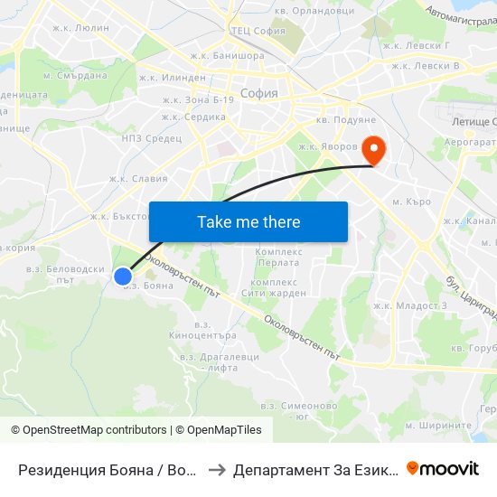 Резиденция Бояна / Boyana Residence (1439) to Департамент За Езиково Обучение - Ичс map